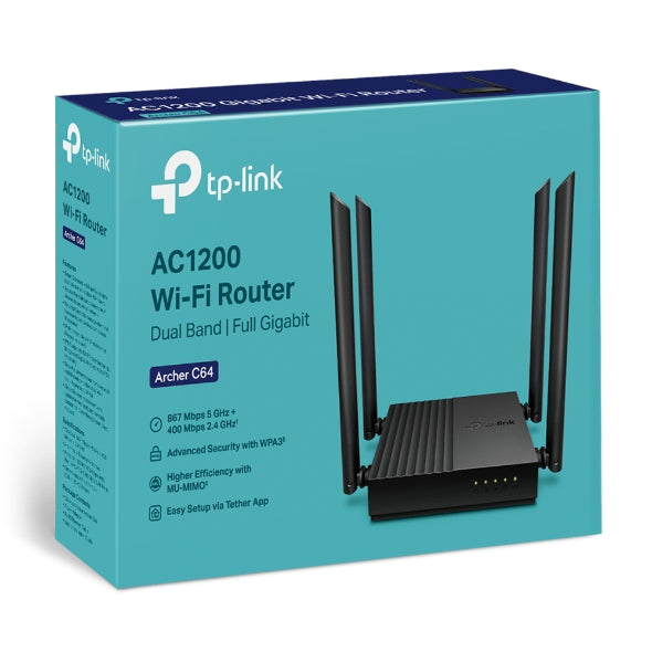 TP-Link Archer C64 AC1200 Wireless MU-MIMO Gigabit WiFi Router - 18 Months Official Warranty